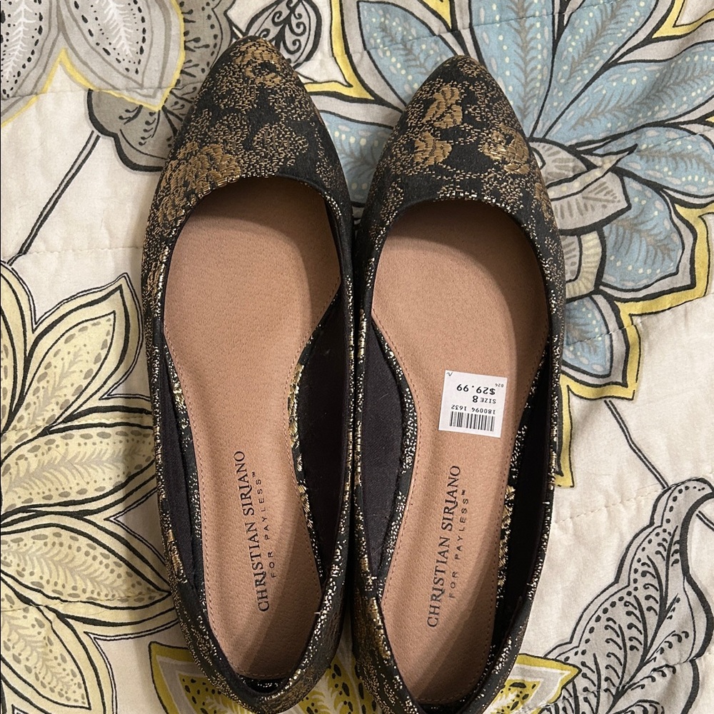 Christian Siriano Black and Gold Patterned Flats